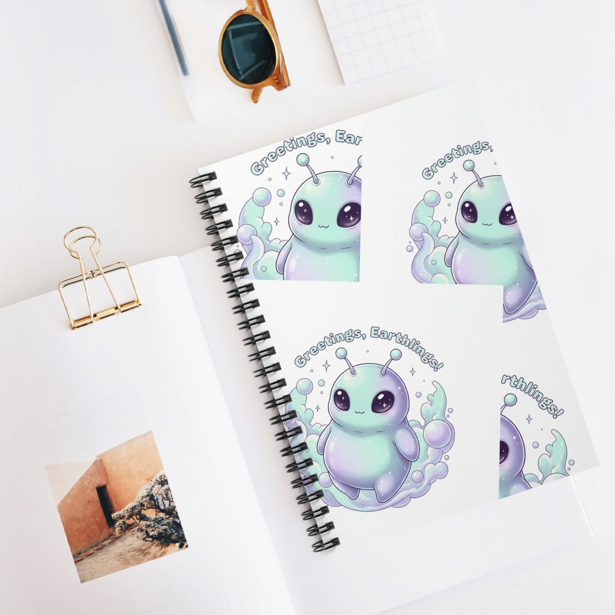 Cute Alien Spiral Notebook — "Greetings, Earthling" Ruled Journal